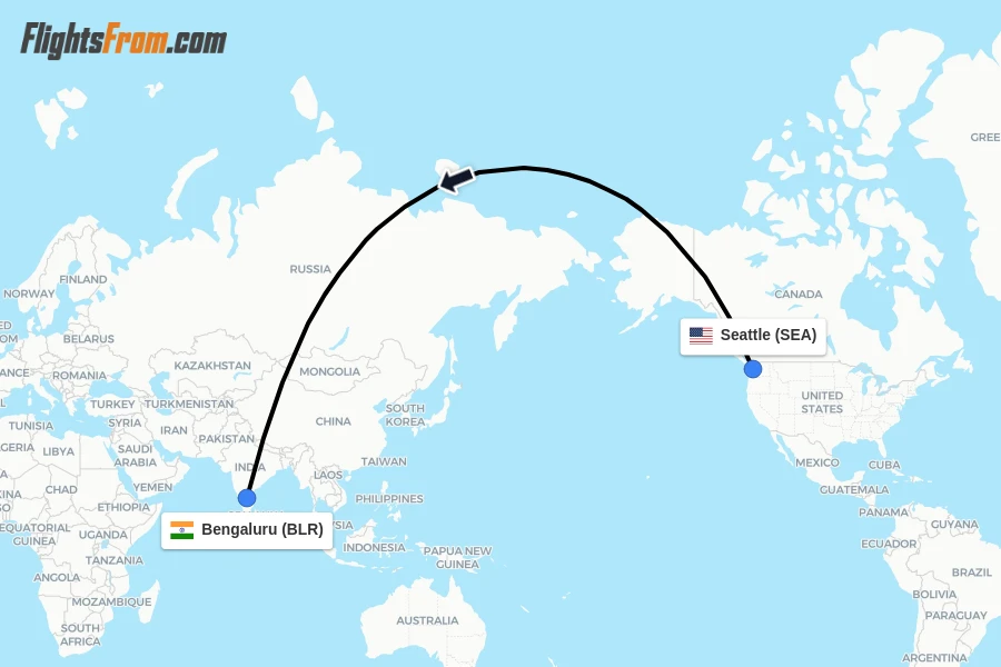 Flights from Seattle to Bengaluru route map