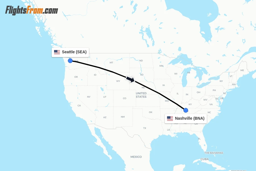 Flights from Seattle to Nashville route map