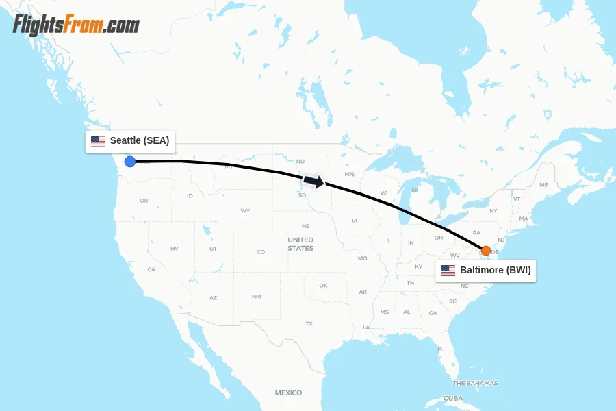Flights from Seattle to Baltimore route map