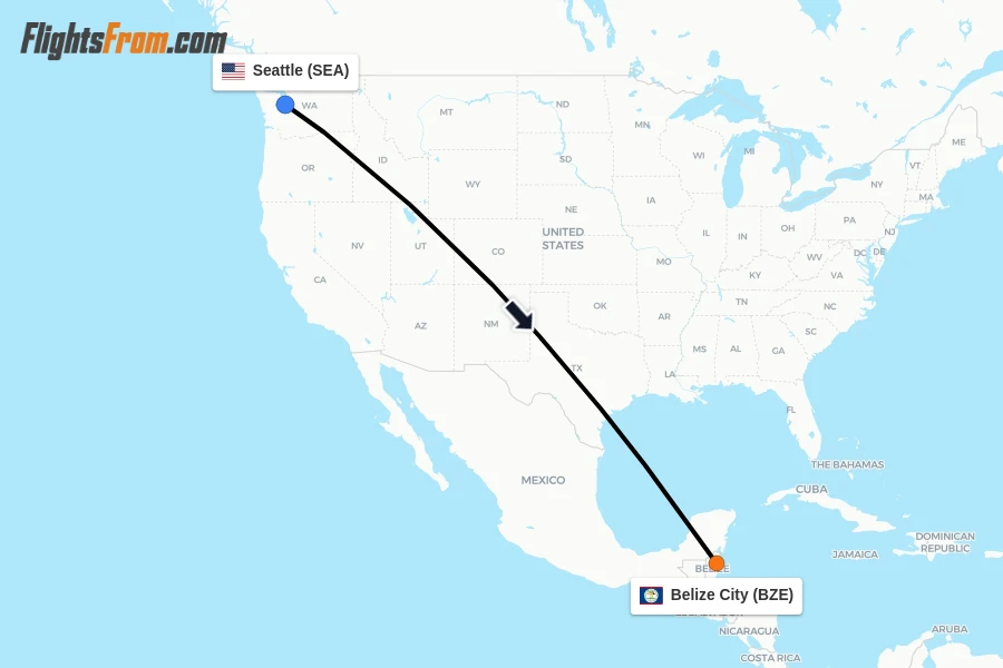 Flights from Seattle to Belize City route map