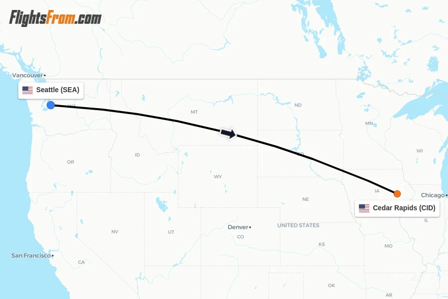 Flights from Seattle to Cedar Rapids route map