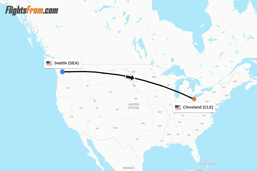 Flights from Seattle to Cleveland route map