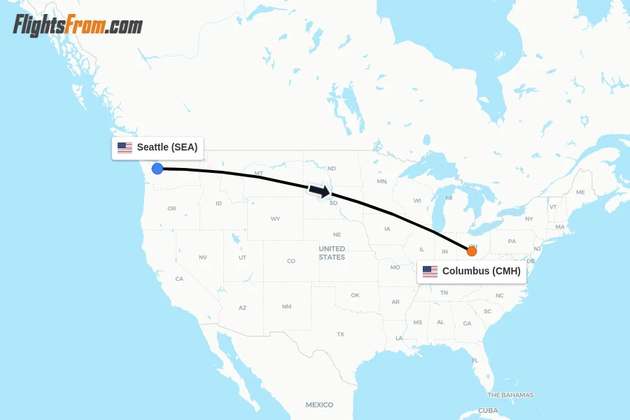 Flights from Seattle to Columbus route map