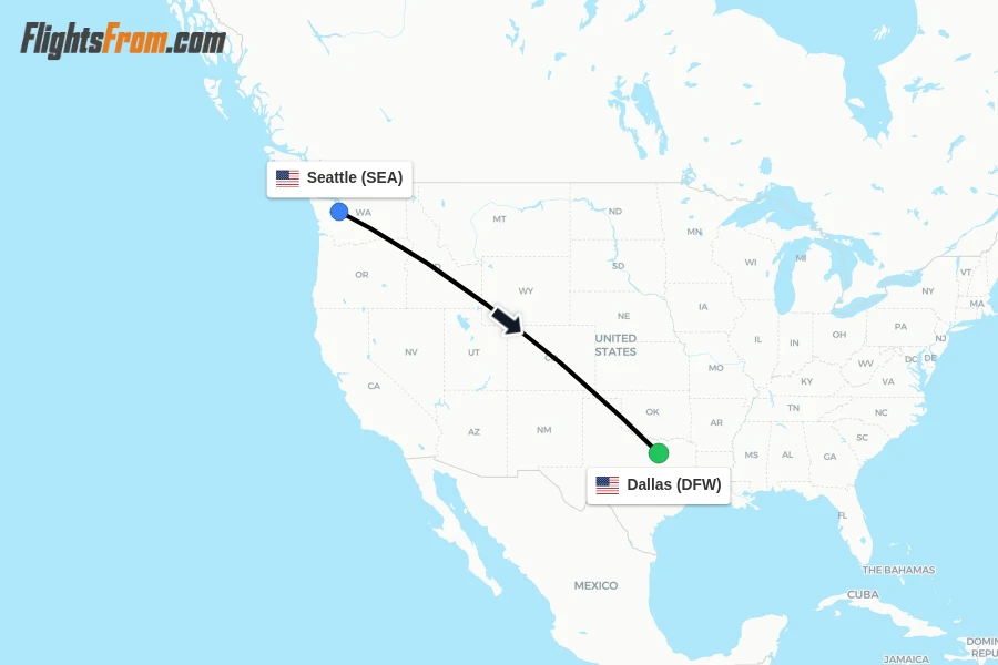 Flights from Seattle to Dallas route map