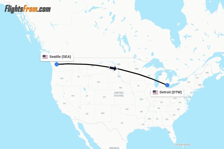 Flights from Seattle to Detroit route map