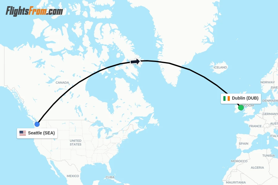 Flights from Seattle to Dublin route map