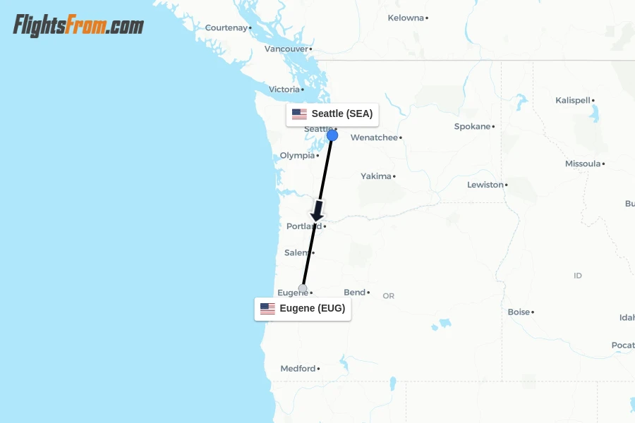Flights from Seattle to Eugene route map