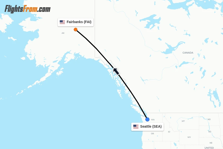 Flights from Seattle to Fairbanks route map