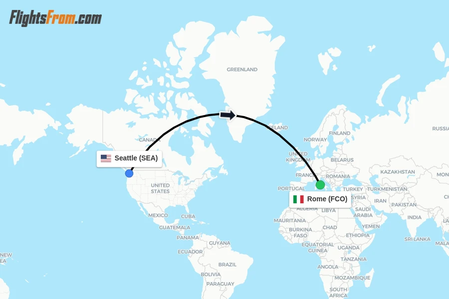 Flights from Seattle to Rome route map
