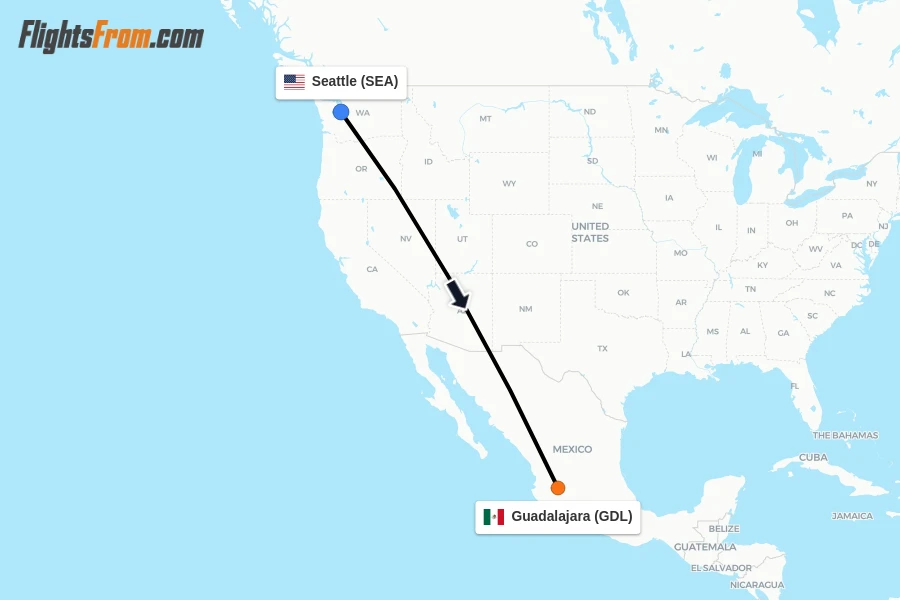 Flights from Seattle to Guadalajara route map