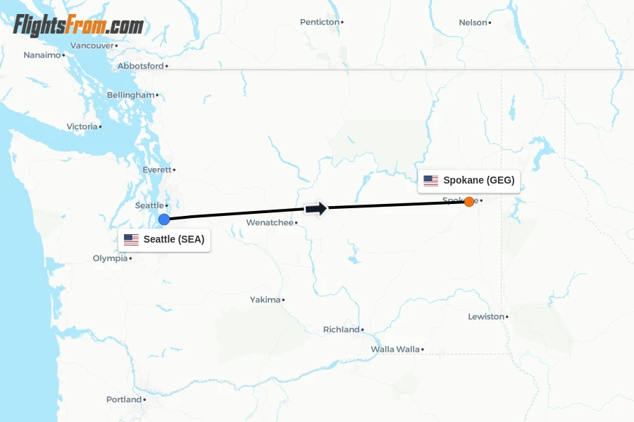 Flights from Seattle to Spokane route map