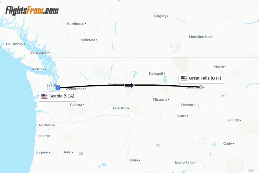 Flights from Seattle to Great Falls route map