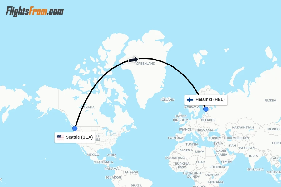 Flights from Seattle to Helsinki route map