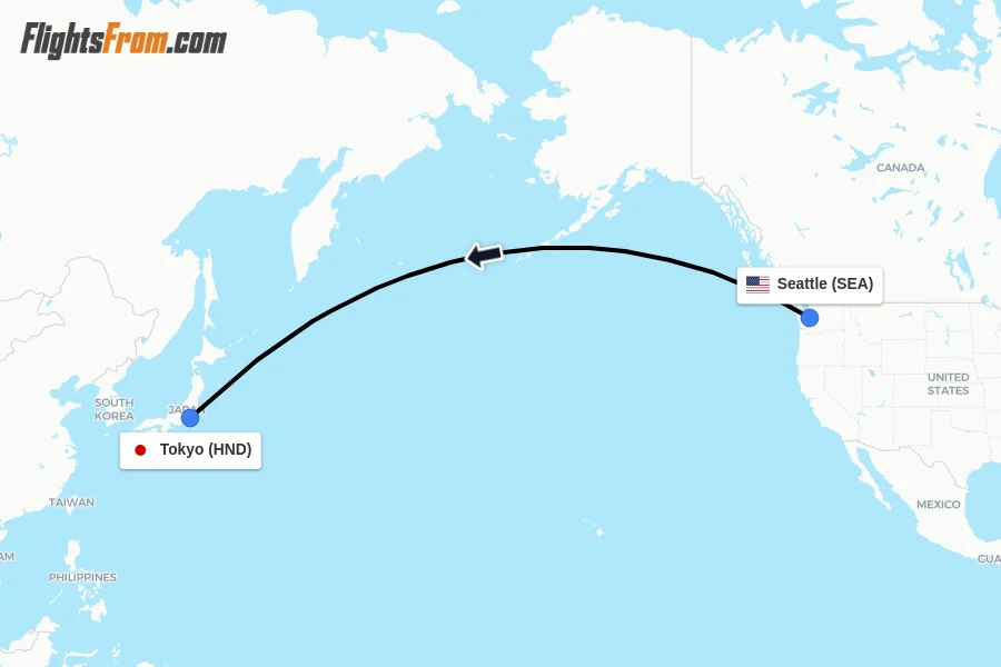 Flights from Seattle to Tokyo route map