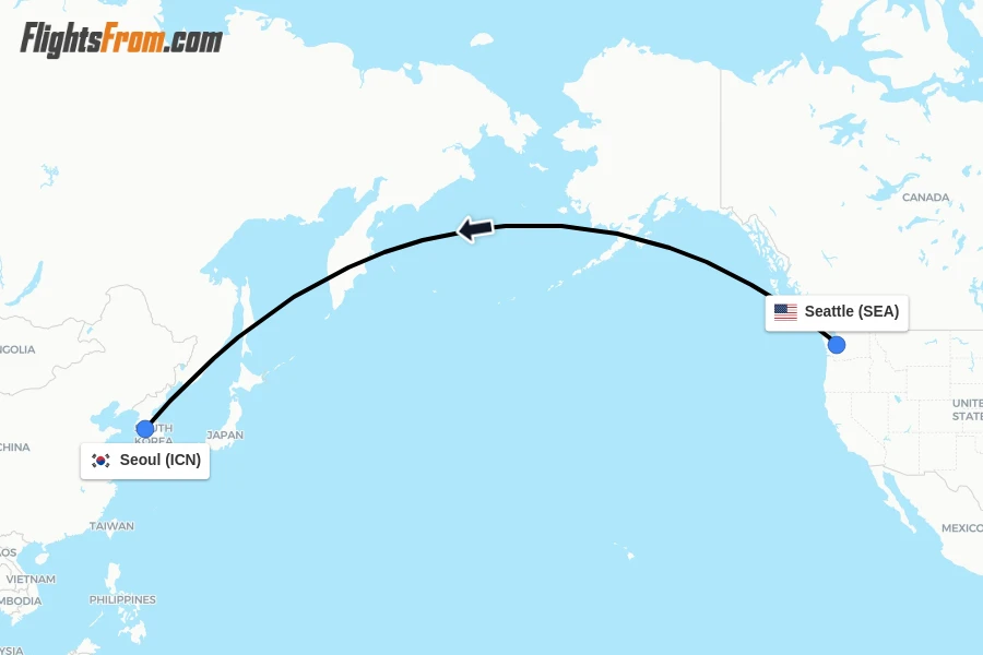 Flights from Seattle to Seoul route map