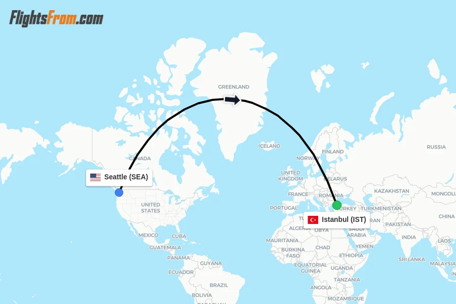 Flights from Seattle to Istanbul route map