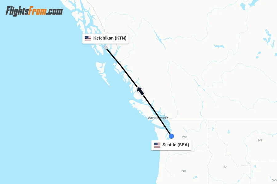 Flights from Seattle to Ketchikan route map