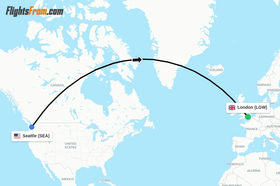 Flights from Seattle to London route map