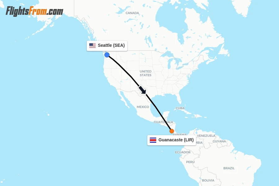 Flights from Seattle to Guanacaste route map