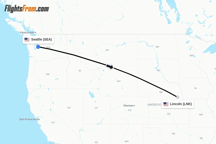 Flights from Seattle to Lincoln route map