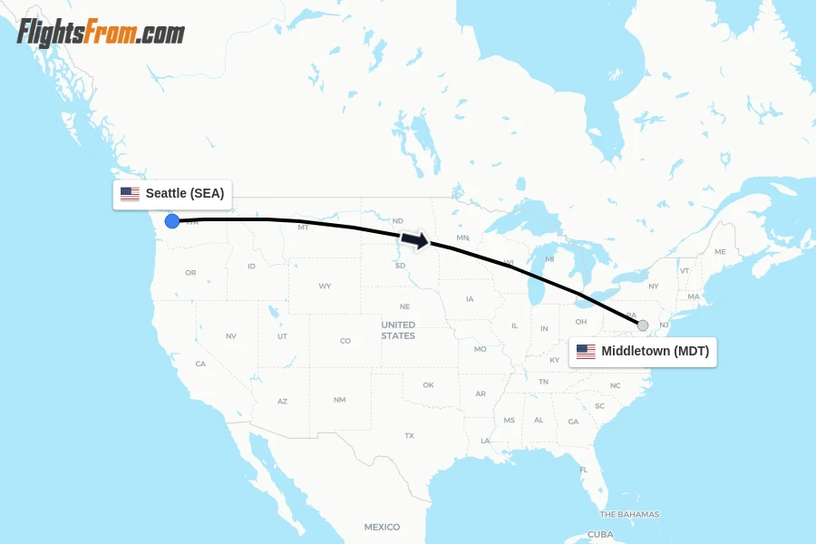 Flights from Seattle to Middletown route map