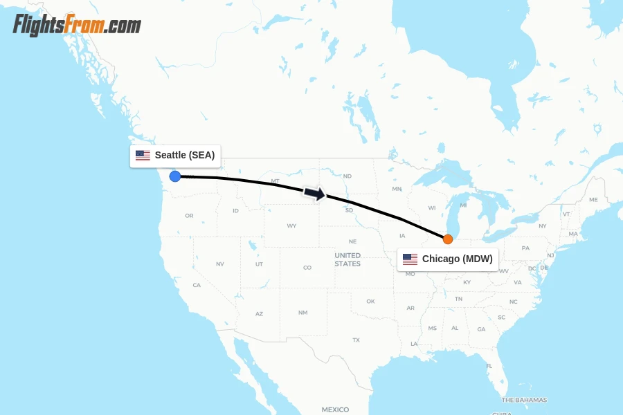 Flights from Seattle to Chicago route map
