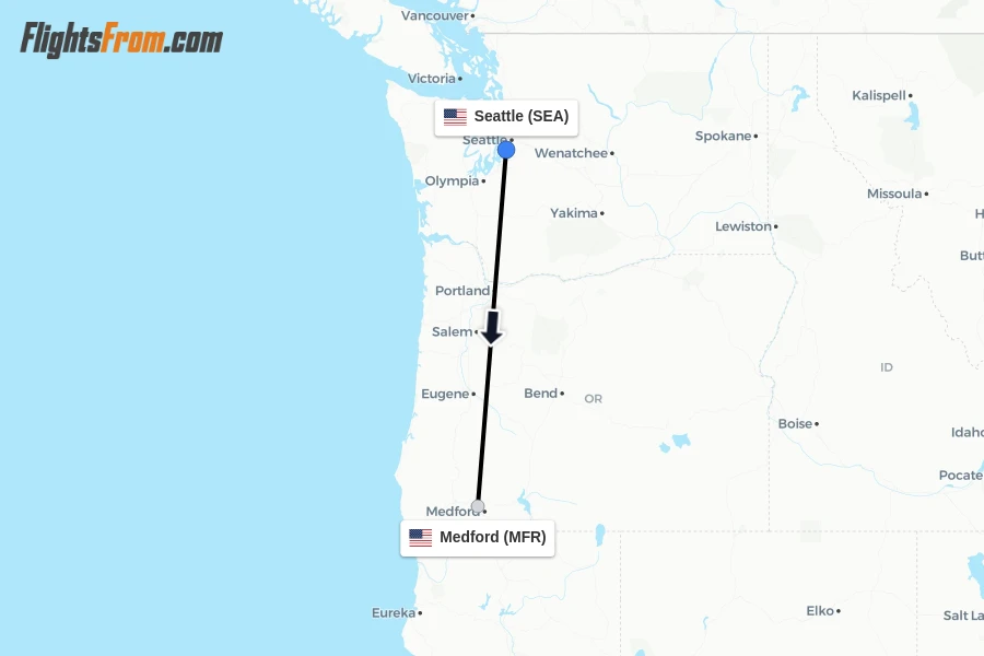 Flights from Seattle to Medford route map