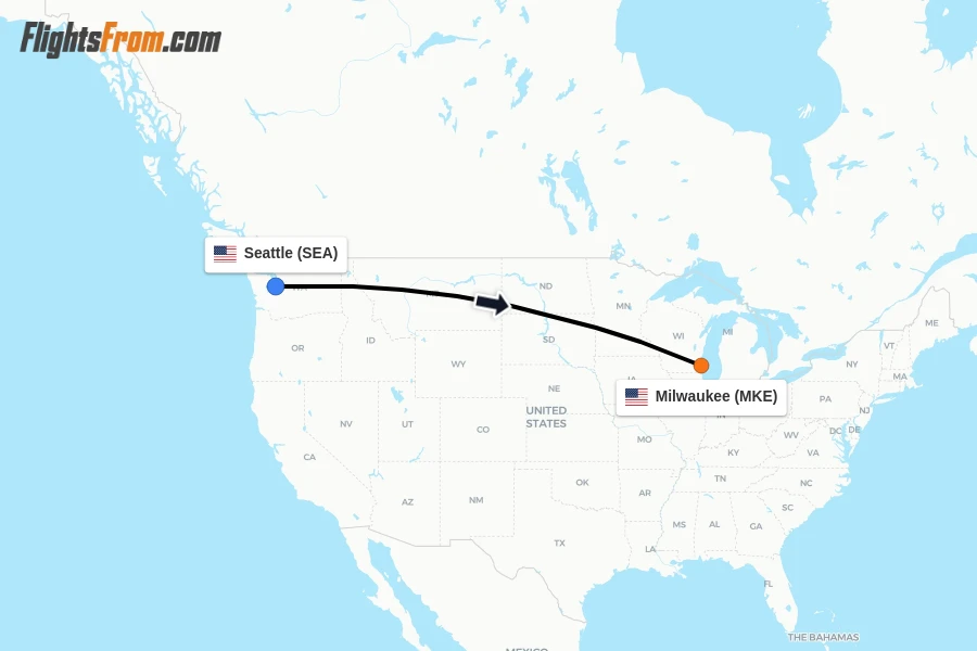 Flights from Seattle to Milwaukee route map