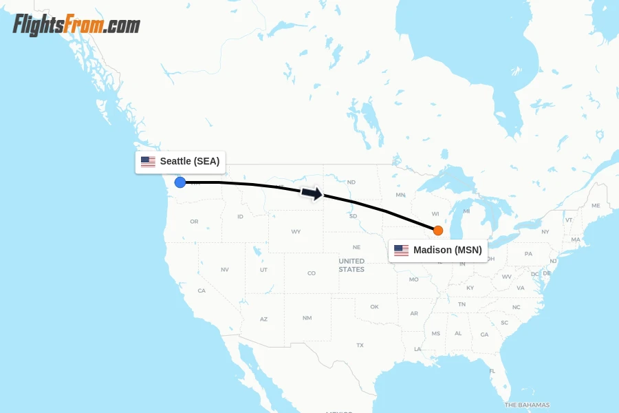 Flights from Seattle to Madison route map