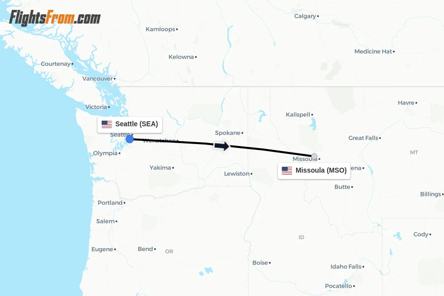 Flights from Seattle to Missoula route map