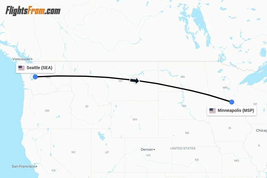 Flights from Seattle to Minneapolis route map