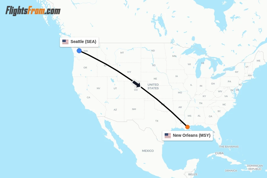Flights from Seattle to New Orleans route map