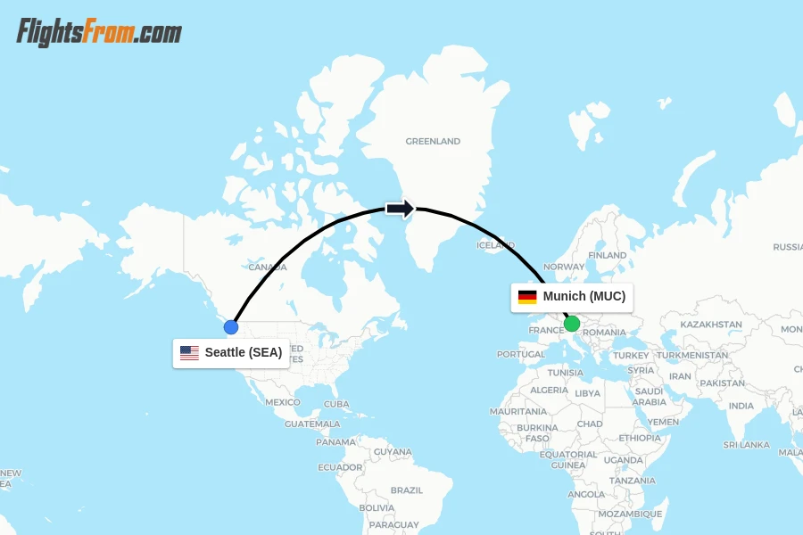 Flights from Seattle to Munich route map