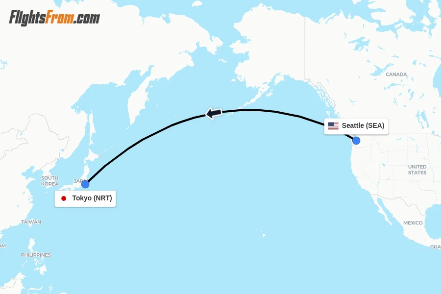 Flights from Seattle to Tokyo route map