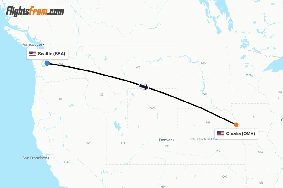 Flights from Seattle to Omaha route map