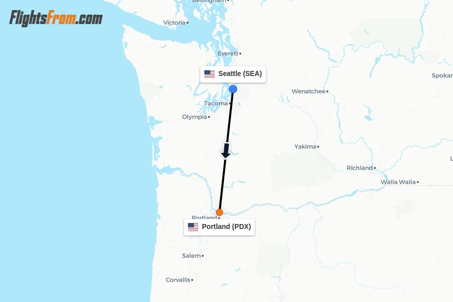 Flights from Seattle to Portland route map