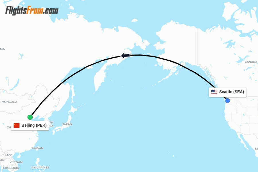 Flights from Seattle to Beijing route map