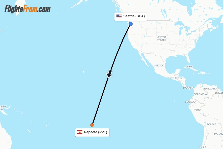 Flights from Seattle to Papeete route map