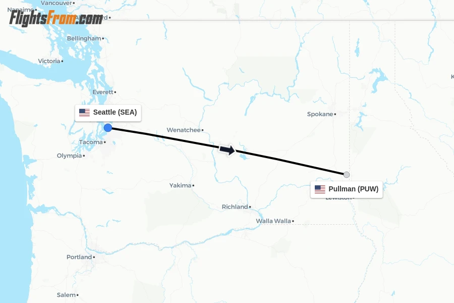 Flights from Seattle to Pullman route map