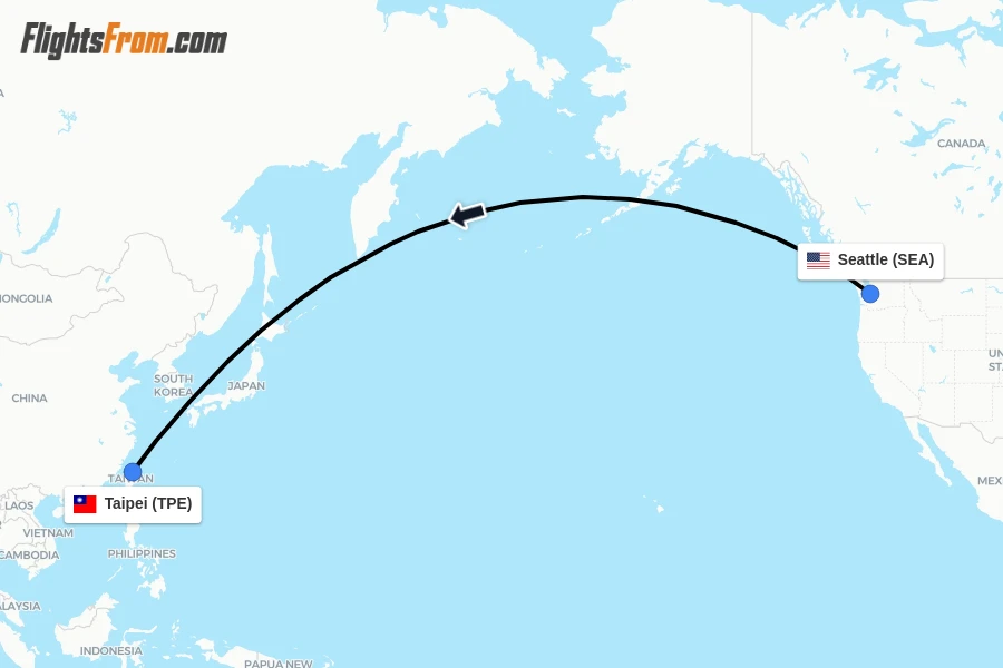 Flights from Seattle to Taipei route map
