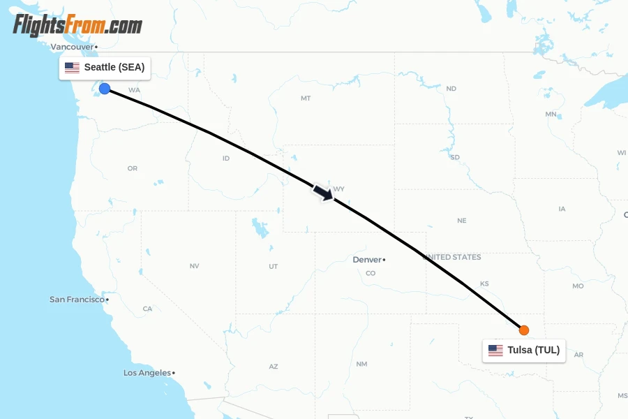 Flights from Seattle to Tulsa route map