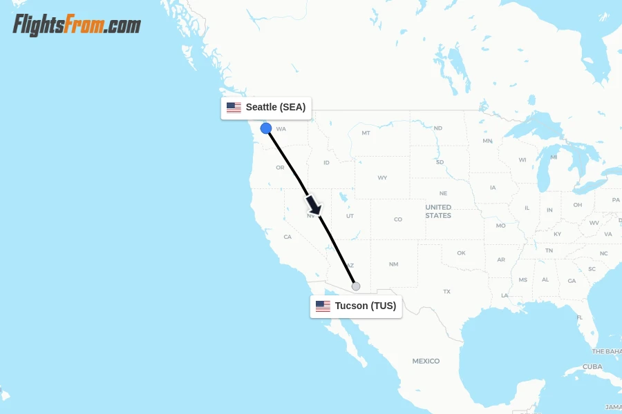 Flights from Seattle to Tucson route map
