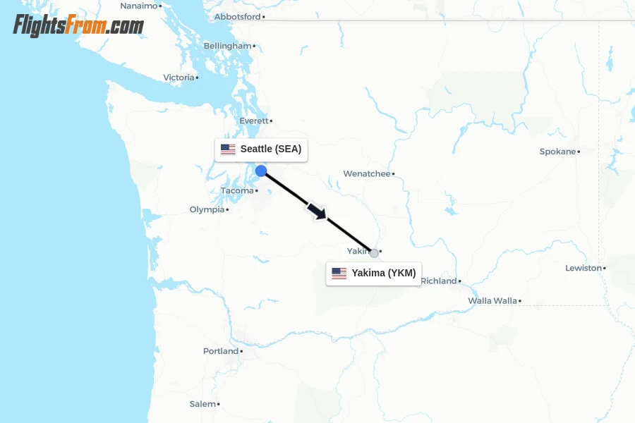 Flights from Seattle to Yakima route map