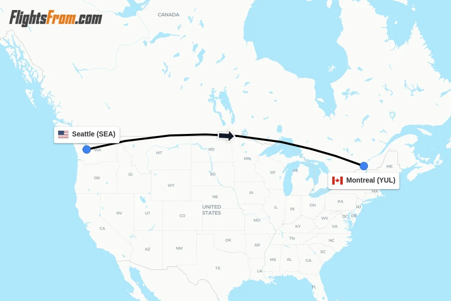 Flights from Seattle to Montreal route map