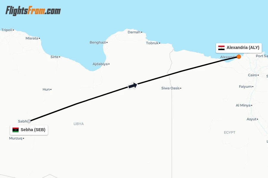 Flights from Sebha to Alexandria route map