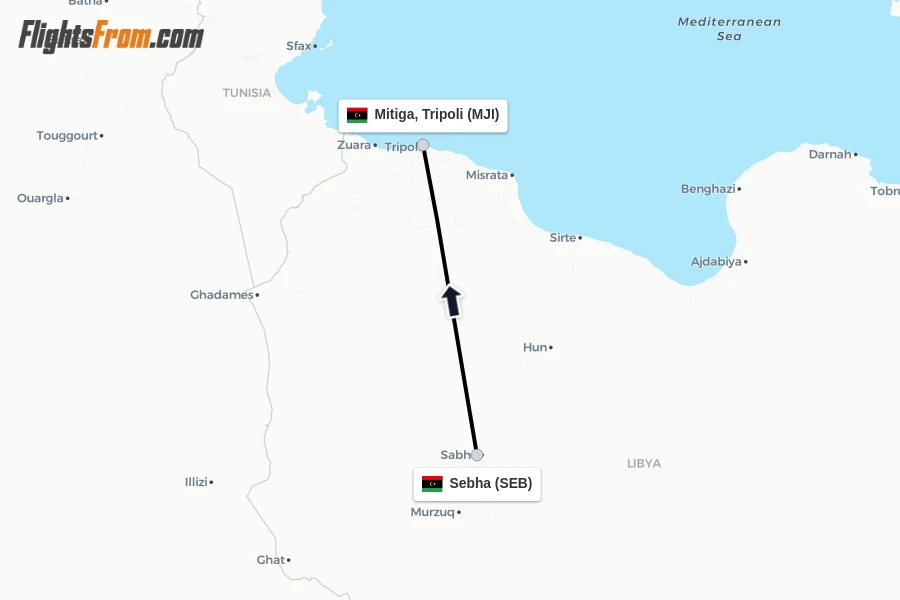 Flights from Sebha to Mitiga, Tripoli route map