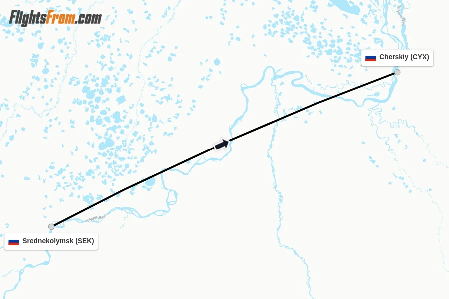 Flights from Srednekolymsk to Cherskiy route map