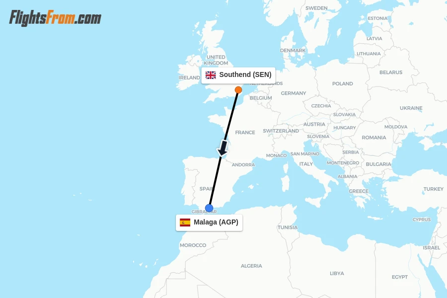 Flights from Southend to Malaga route map