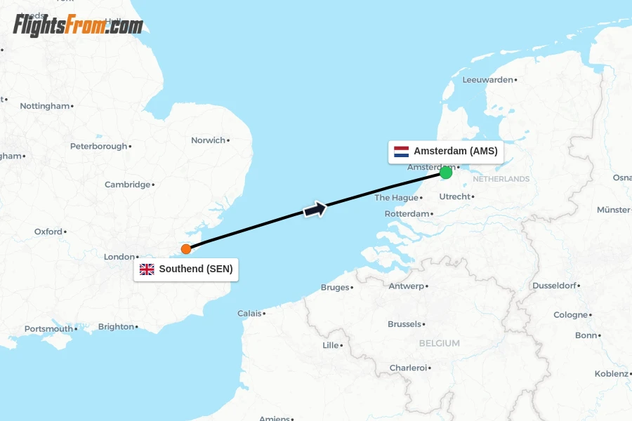 Flights from Southend to Amsterdam route map