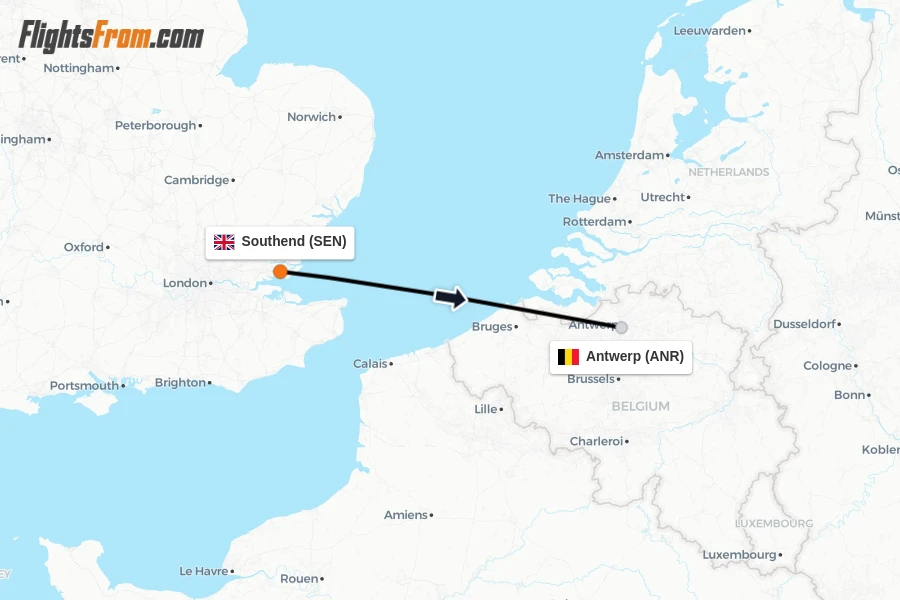 Flights from Southend to Antwerp route map